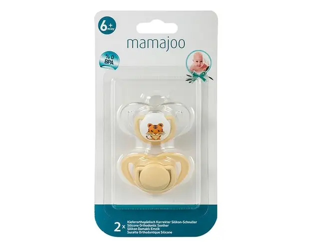 Set Suzete cu Design Ortodontic din Silicon - Mamajoo Tigru/Ecru, 6 m+, 2 buc