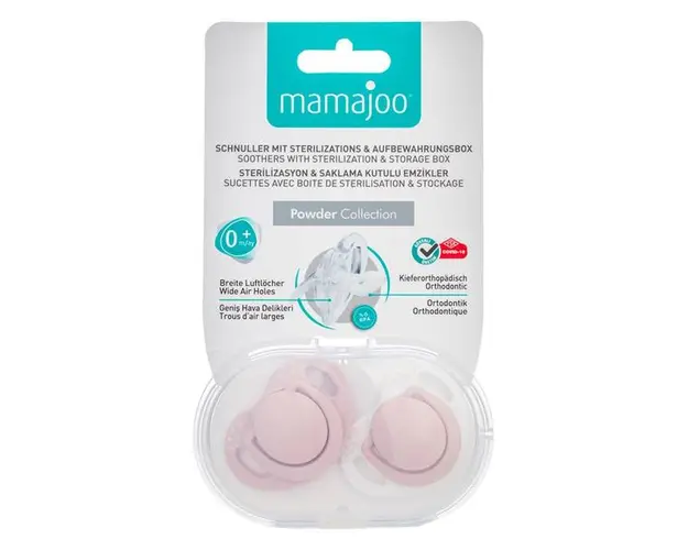 Set Suzete cu Design Ortodontic din Silicon si Cutie de Demozitare - Mamajoo Roz Pudra, 0 m+, 2 buc