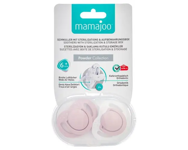 Set Suzete cu Design Ortodontic din Silicon si Cutie de Demozitare - Mamajoo Roz Pudra, 6 m+, 2 buc