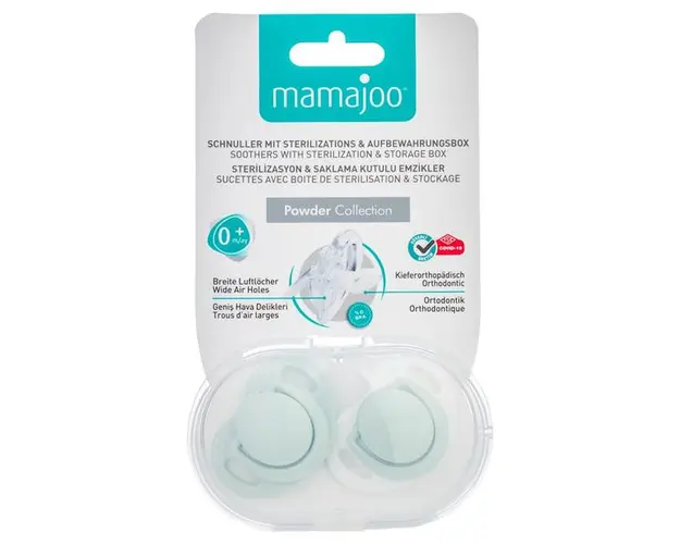 Set Suzete cu Design Ortodontic din Silicon si Cutie de Demozitare - Mamajoo Verde Praf, 0 m+, 2 buc