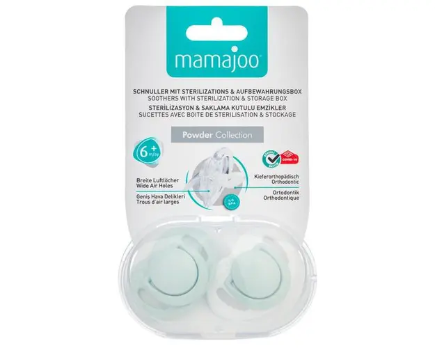 Set Suzete cu Design Ortodontic din Silicon si Cutie de Demozitare - Mamajoo Verde Praf, 6 m+, 2 buc