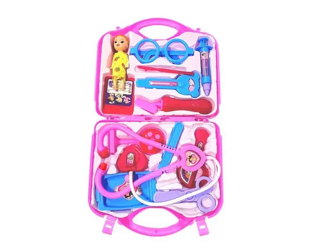 Set Trusa Medicala Asistenta Doctor Teno&reg;, joc de rol, 13 accesorii si cutie penntru depozitare, mini pacient, 37.5 x 21 cm, roz deschis