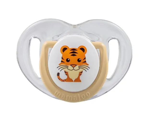 Suzeta cu Design Ortodontic din Silicon si Cutie de Depozitare - Mamajoo Tigru &amp; Cutie Ecru, 6 m+, 1 buc