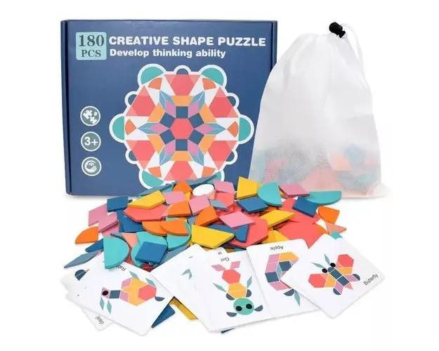 Tangram din lemn cu 180 piese, 7Toys