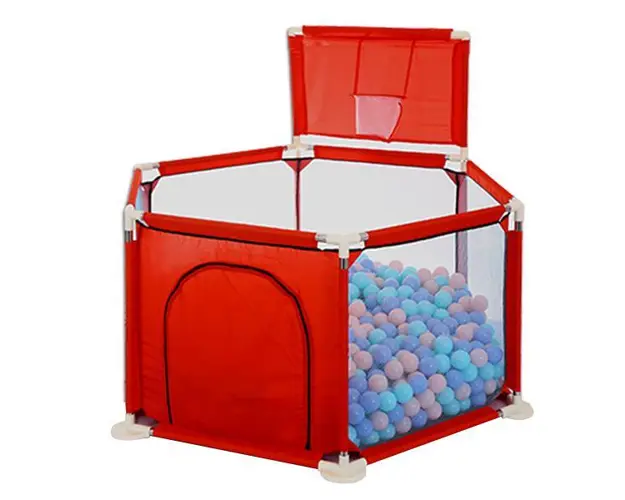 Tarc copii cu cos de baschet si 50 bile colorate, Loc de joaca cu usa laterala, Rosu, Metal, Protectii de plastic, Interior - Exterior