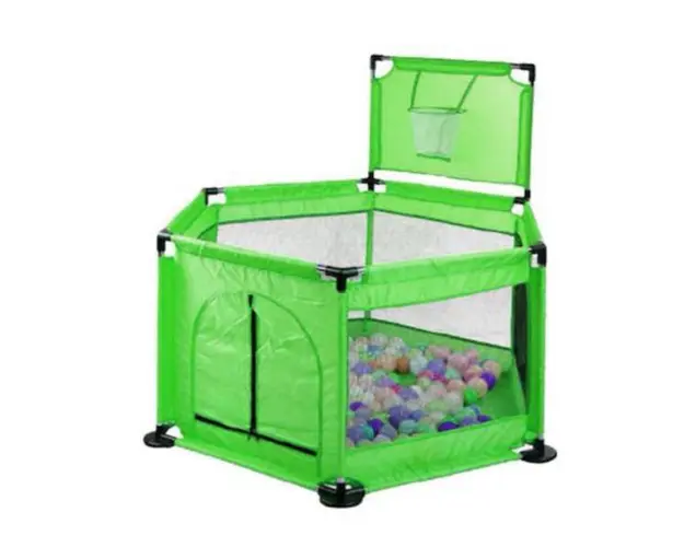 Tarc copii cu cos de baschet si 50 bile colorate, Loc de joaca cu usa laterala, Verde, Metal, Protectii de plastic, Interior - Exterior