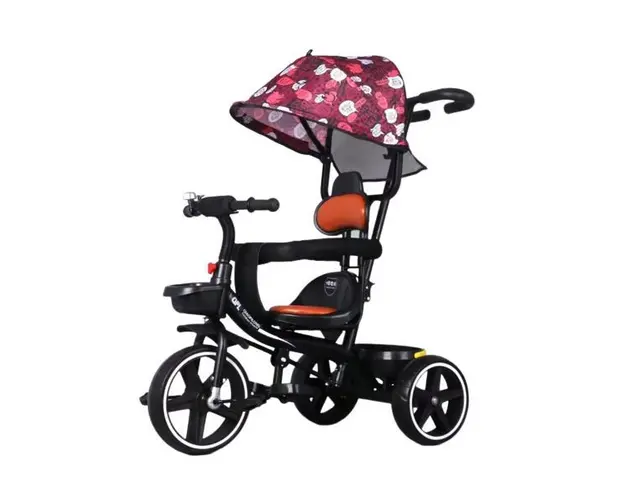 Tricicleta bebelusi cu copertina retractabila si maner parental pentru copii intre 2 si 6 ani, Rosie