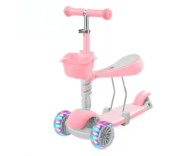Trotineta pentru Copii 2 in 1 Teno&reg;, scaunel incorporat, lumini,3 roti, cosulet frontal, anti-aluncare, inaltime ajustabila, stabila, frana, incorporata, 3 - 11 ani, roz