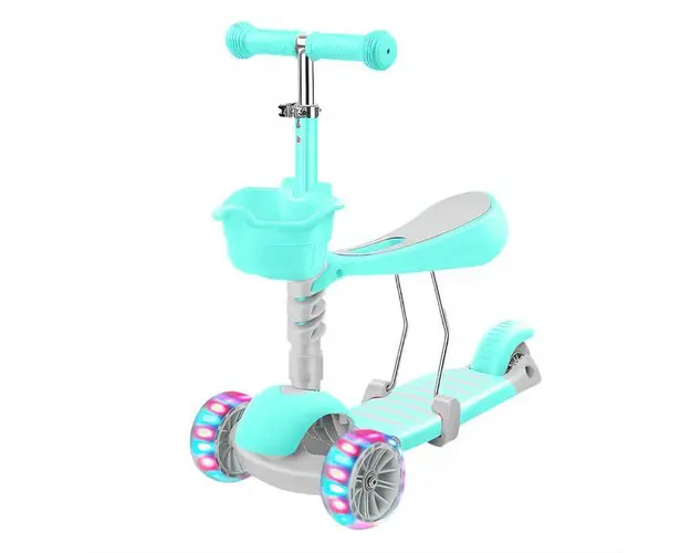 Trotineta pentru Copii 2 in 1 Teno&reg;, scaunel incorporat, lumini,3 roti, cosulet frontal, anti-aluncare, inaltime ajustabila, stabila, frana, incorporata, 3-11 ani, turcoaz