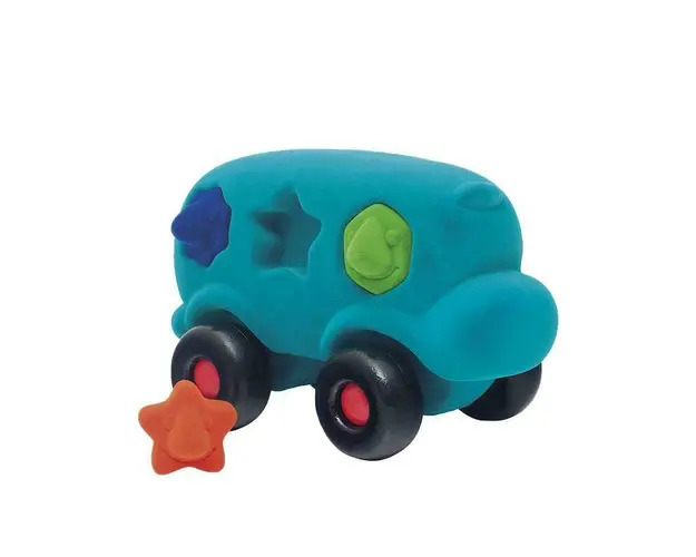 Autobuz interactiv sortator de forme, din cauciuc natural, 22 cm, turcoaz, 1an + Rubbabu