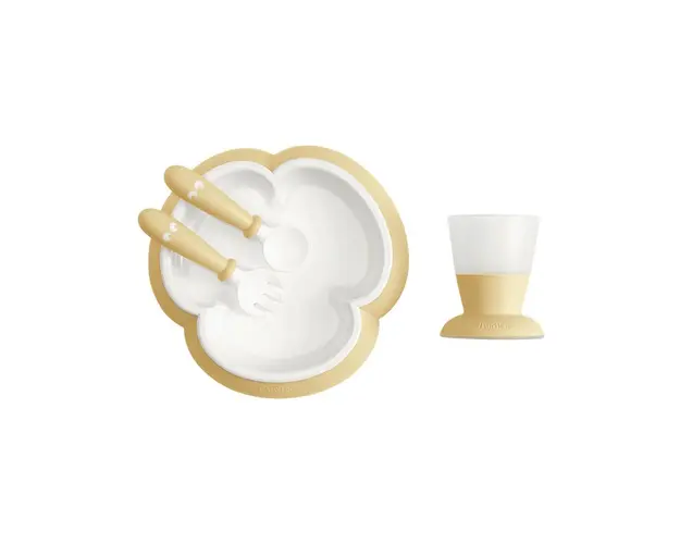 BabyBjorn - Set hranire: farfurie, lingurita, furculita si pahar pentru bebe, Powder Yellow