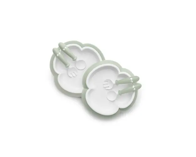 BabyBjorn - 2 Seturi hranire: farfurie, lingurita si furculita pentru bebe, Powder Green
