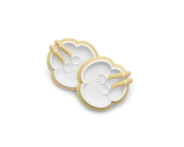 BabyBjorn - 2 Seturi hranire: farfurie, lingurita si furculita pentru bebe, Powder Yellow