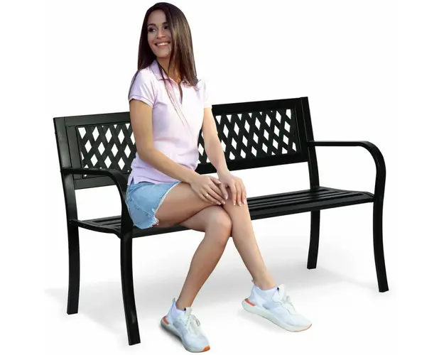 Banca de gradina cu spatar, lemn de plop, cadru otel, 125 x 77 x 49 cm, Sofotel Clover
