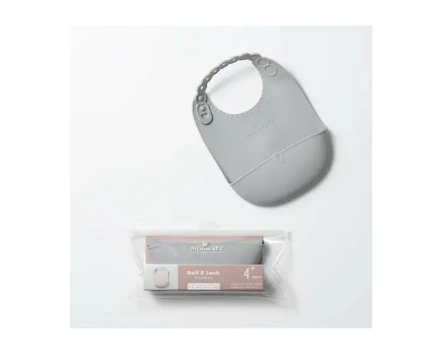 Baveta bebelusi Miniware Roll & Lock, 100% din silicon alimentar, Grey
