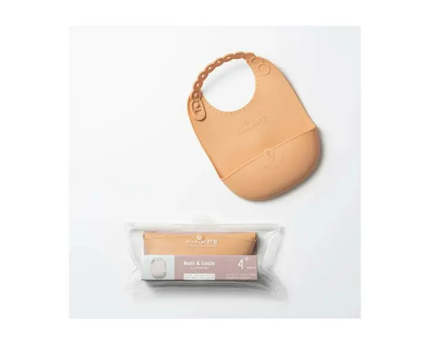 Baveta bebelusi Miniware Roll & Lock, 100% din silicon alimentar, Toffee