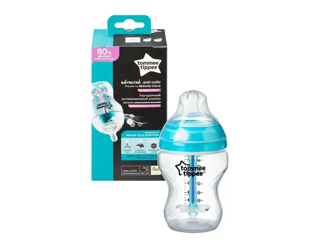 Biberon, Advanced, Anticolici, Cu sistem de ventilatie, Cu senzor de caldura, Cu tetina din silicon moale, Fara BPA, 260 ml, Tommee Tippee, 0 luni+, Albastru