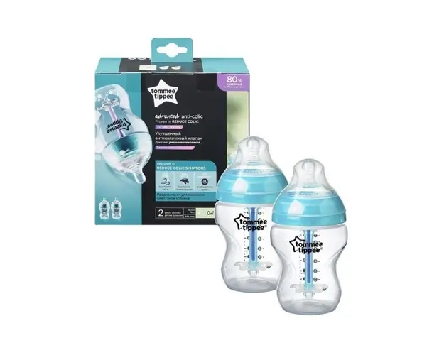 Set biberoane, Closer to nature, Advanced, Anticolici, Cu sistem de ventilatie, Cu senzor de caldura, Cu tetina din silicon moale, Fara BPA, 2x260 ml, Tommee Tippee, 0 luni+, Albastru
