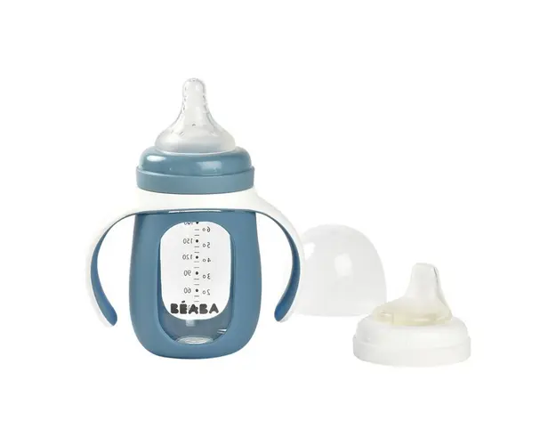 Biberon de invatare 2 in 1 din Sticla Beaba 210 ml Windy Blue