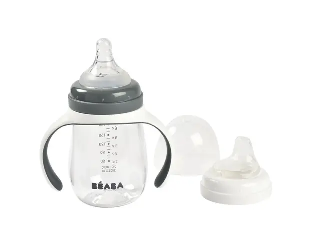 Biberon de invatare 2 in 1 din Tritan Beaba 210 ml Mineral Grey