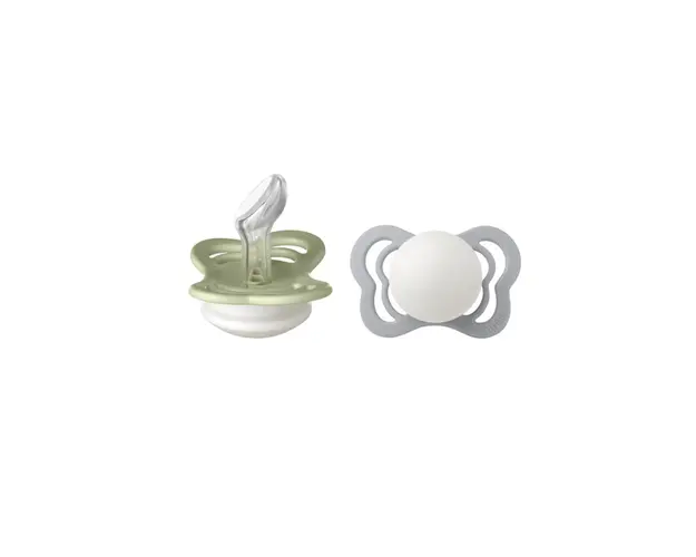 BIBS - Set 2 suzete Fosforencente Couture Glow Silicon, tetina anatomica, 0 luni +-Sage/Cloud