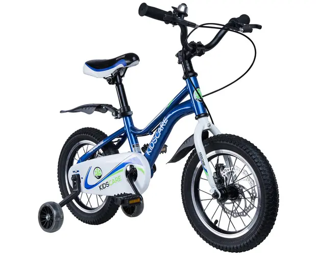 Bicicleta pentru copii 2-4 ani HappyCycles KidsCare, roti 12 inch, cu roti ajutatoare si frane pe disc, albastru