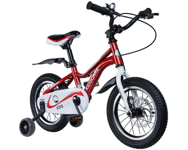 Bicicleta pentru copii 3-6 ani HappyCycles KidsCare, roti 14 inch, cu roti ajutatoare si frane pe disc, rosu