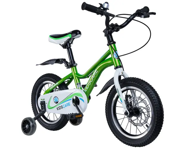 Bicicleta pentru copii 3-6 ani HappyCycles KidsCare, roti 14 inch, cu roti ajutatoare si frane pe disc, verde