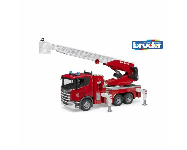 Camion de pompieri, Bruder, Scania Super 560R, Cu scara pompa de apa si sirena, 3 ani+, Multicolor