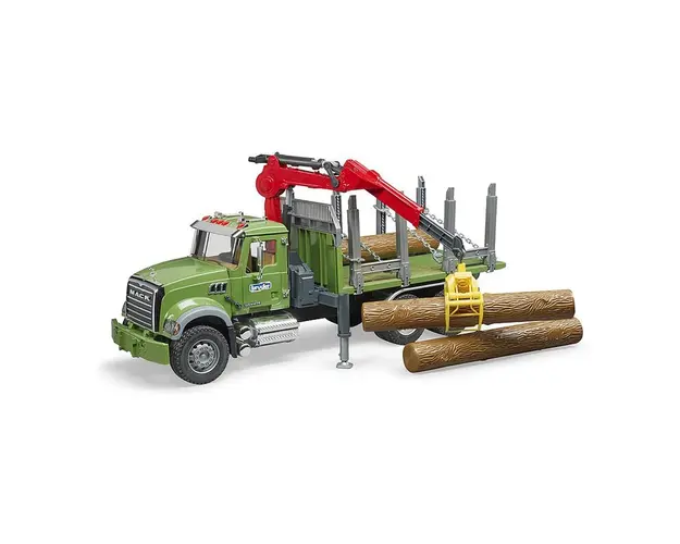 Bruder - Camion Lemne Mack Granite Cu Macara De Incarcare, Graifer Si 3 Busteni