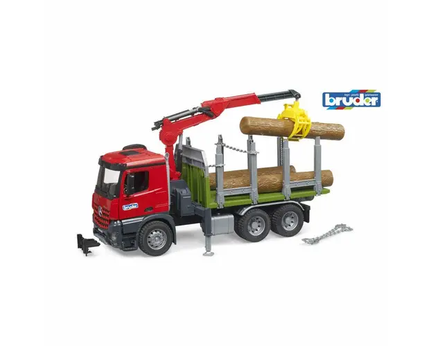 Camion lemne, Bruder Mercedes Benz Arocs, Cu macara de incarcare graifer si 3 busteni, 3 ani+, Rosu