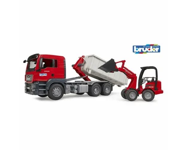 Set camion, Bruder, Man TGS cu container roll off, Cu incarcator compact Schaffer, 4 ani+, Rosu
