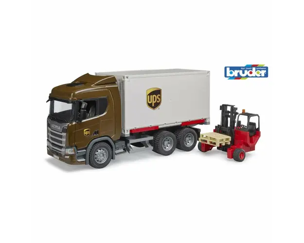 Set camion, Bruder, UPS Scania Super 560R, Cu stivuitor, Containerul poate fi demontat, 3 ani+, Multicolor