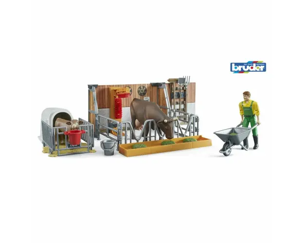 Set de joaca, Bruder, Grajd cu vacute si fermier, Cu accesorii, 3 ani+, Multicolor