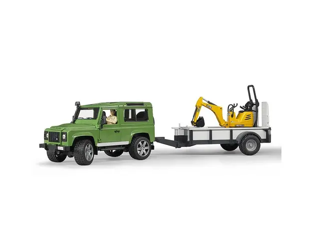 Bruder - Masina De Teren Land Rover Defender Cu Remorca Si Micro Excavator Jcb Cu Muncitor