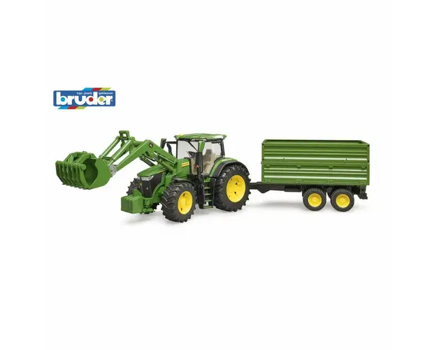 Tractor, Bruder, John Deere 7R 350, Cu incarcator frontal si remorca basculanta pe osie, 3 ani+, Verde