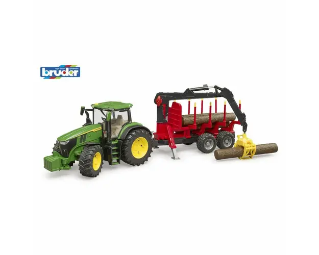 Tractor, Bruder, John Deere 7R 350, Cu remorca forestiera si 4 busteni, 3 ani+, Verde