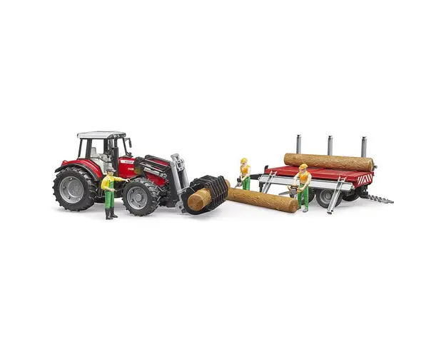 Bruder - Tractor Massey Ferguson 7480 Cu Incarcator Frontal Si Remorca Pentru Lemne