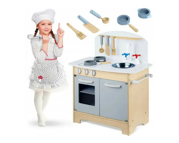 Bucatarie din lemn pentru copii,70 x 48,5 x 28 cm, Ricokids, cu accesorii pentru gatit, aragaz, chiuveta, oale, linguri