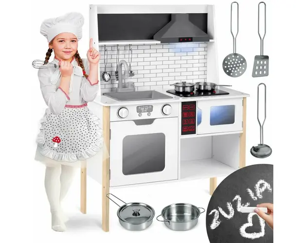 Bucatarie din lemn pentru copii, 95 x 70 x 29,5 cm, Ricokids, RK-846, cu sunete, panou LED, accesorii pentru gatit, plita, chiuveta, oale, linguri, hota, cuptor cu microunde