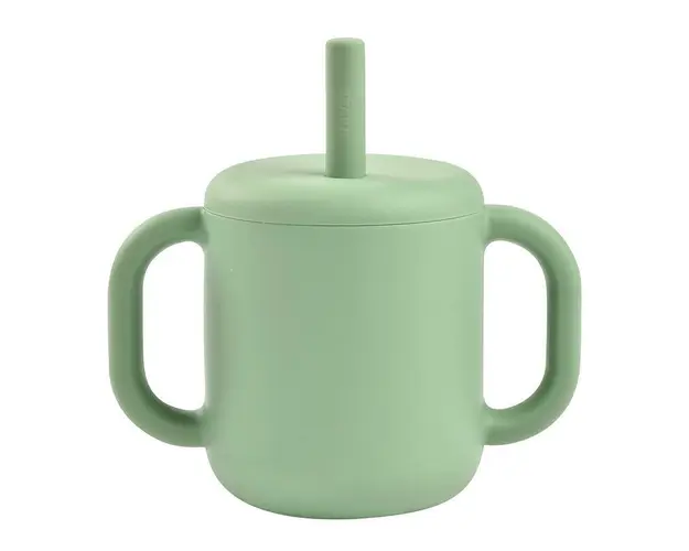 Cana de antrenament cu pai din silicon Beaba Sage Green