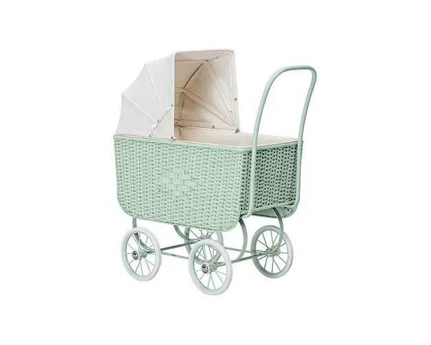 Carucior papusi ratan verde retro cu saltea inclusa, +3 ani, byASTRUP