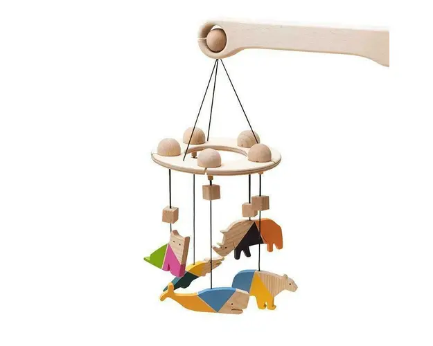 Carusel Montessori din lemn cu 5 animale safari colorate, Mobbli