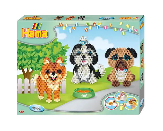 Catelusi, margele de calcat Hama midi, 4000 margele si 3 plansete in cutie de cadou