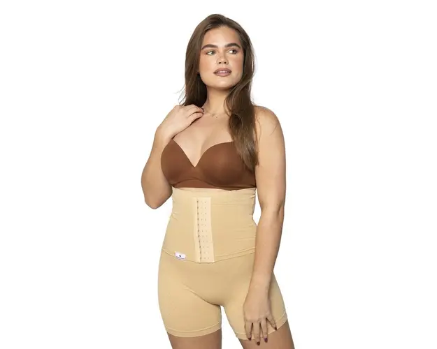 Colanti scurti modelatori cu centura abdominala postnatala integrata WonderMom Bej marimea L