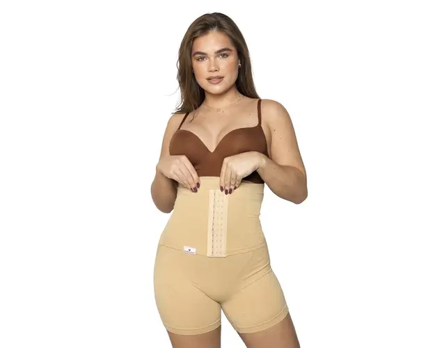 Colanti scurti modelatori cu centura abdominala postnatala integrata WonderMom Bej marimea M