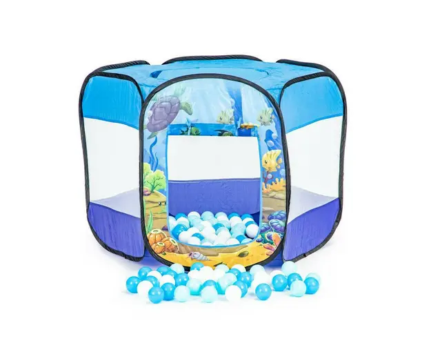 Cort de joaca pentru copii tip piscina uscata, cu 100 de bile colorate incluse, iPlay, 90 x 90 x 70 cm, Albastru