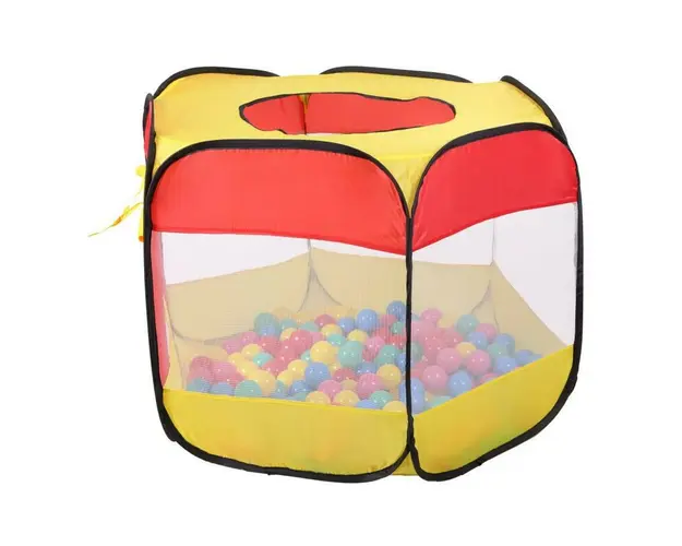 Cort de joaca pentru copii tip piscina uscata, cu 100 de bile colorate incluse, iPlay, 90 x 90 x 70 cm, Galben/Rosu