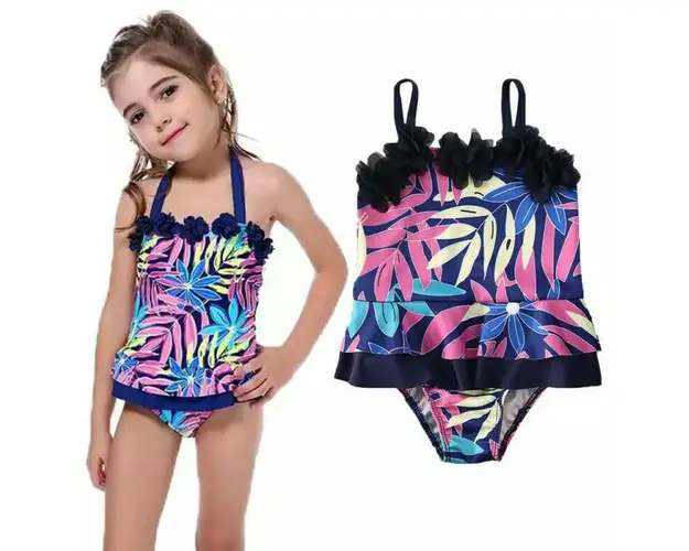 Costum de baie mov cu frunze si floricele aplicate Drool (Marime: 100)