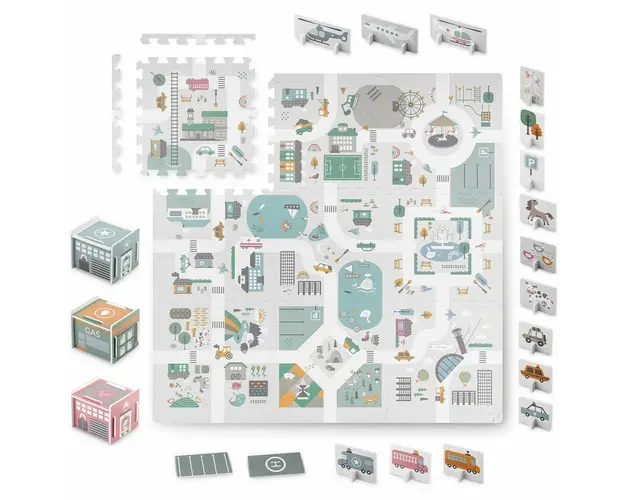 Covoras puzzle din spuma pentru copii, 105 x 105 cm, 9 piese, Nukido, Little Town